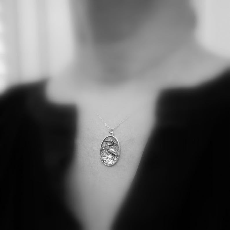 Collier héron argent 925 pendentif ovale ciselé de qualité supérieure - 3