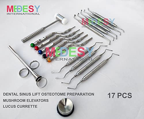 Dental Instrument Set Sinus Lift Osteotome Offset Concave Tip Sinus Lift Implant Bone Preparation With Mushroom Elevators, Lucas Curette And Wall Mallet 17 Pcs Instruments By Medesy #TOP2