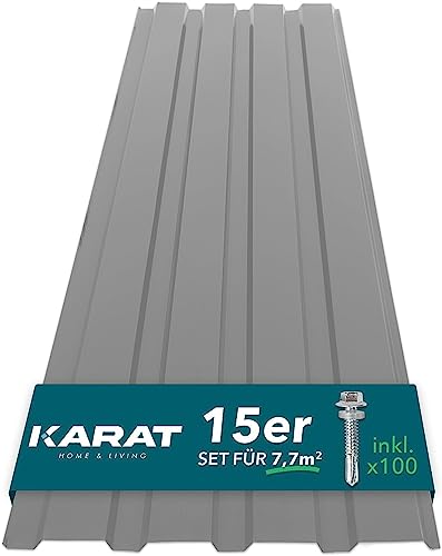 KARAT - 15 piezas de chapa trapezoidal de 115 x 45 cm - Juego de chapa perfilada con tornillos - 7,7 m² Chapa de techo - Grosor 0,25 mm - Chapa de techo de acero Revestimiento de pared (gris claro)