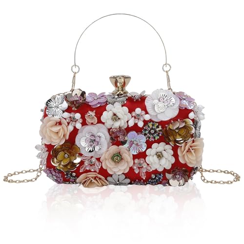 Floral Clutch Purse for Womens Evening Clutches Bag Colorful Flower Handbags Crossbody Shoulder Bags with Beads Squins Metal Chains Rhinestones (Red)