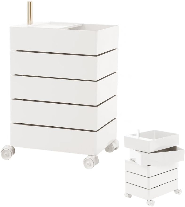 Drawer Chest with Wheels, 5 Tier End Side Table & Bedside Furniture, Drawers End Table, 360° Rotating and Removable Storage File Cabinet with Silent Wheels & Lock for Bedroom, Living Room,White
