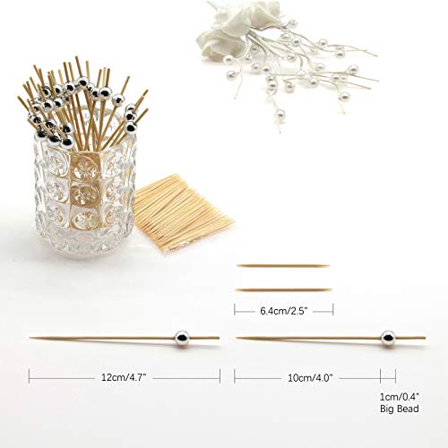 Minisland Silver Pearl Cocktail Picks, 4.7 Inch Long Bamboo Fancy Toothpicks for Appetizers, Decorative Christmas New Year Holiday Party Food Drink Garnish Fruit Kabob Skewer Sticks 100 Counts -MSL151 - Thumbnail 2