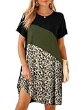 BELAROI Plus Size Dresses for Women Summer Casual T Shirt Tunic Sundress Short Sleeve Pockets Leopard Print Beach Coverup Vacation (3X, Black/Army Green/Flower30)