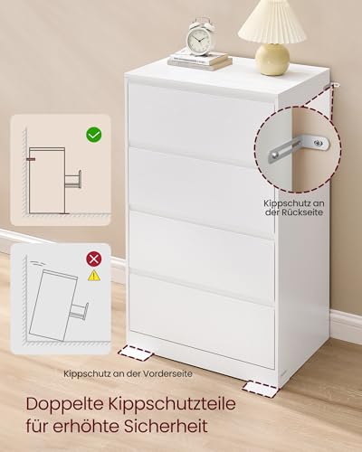 VASAGLE Kommode mit 4 Schubladen, Komodenschrank, Schubladenschrank, Wäschekommode, für Schlafzimmer, 40 x 60 x 97,4 cm, Modern Kailyn Kollektion, schneeweiß LTS614WE02