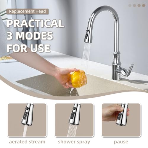 Image of Angle Simple Kitchen Faucet Head Replacement, G 1 /2 or 13 /16 Inch Male Thread, NSF /ANSI /CAN 61 & 372 Testing, Sink Faucet Sprayer Replacement Parts, Stream Spray and Pause Mode, Chrome