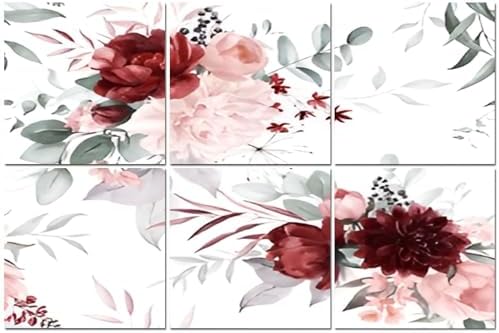 6 Pack Art Acoustic Panels Watercolor floral seamless pattern white green leaves burgundy maroon Soundproof Wall Panels, 48″x72″ Decorative Sound Absorbing Panels, Acoustic Treatment for Home, Office