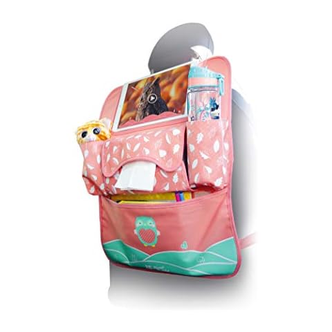 Planet Buddies Car Seat Organiser for Kids, Travel Kick Mat with Tablet Holder up to 10.2 Inch, Tidy Car Storage, Organiser for Toys, Tablets, Bottles, Tissue Box Holder, Pink Owl Cover