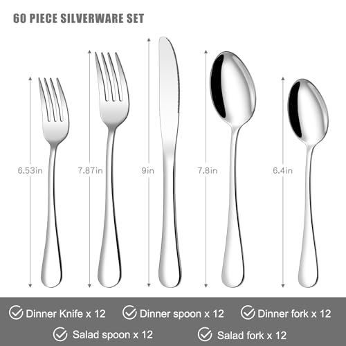 60 Piece Silverware Set for 12, Stainless Steel Flatware Set Tableware Set Inculde Forks Knives Spoons, Mirror Polished Cutlery Set for Home Kitchen and Restaurant Party, Dishwasher Safe - Thumbnail 2