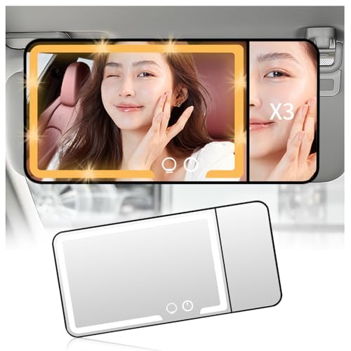 2026 New Car Vanity Mirror with Lights,3X Magnifying Car Visor Mirror with 3-Color Dimmable Lights & Smart Touch Control,Rechargeable Cars Makeup Mirrors for Cars/SUVs/Trucks
