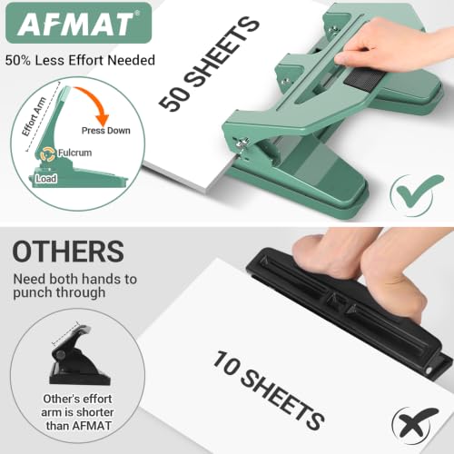 Image of AFMAT Heavy Duty 3 Hole Puncher, 50-Sheet Paper Punch Heavy Duty, 50% Reduced Effort Three Hole Punch, 10K+ Uses, Metal Hole Puncher 3 Ring w /Large Tray, Bulit-in S.S. Paper Guide HPX4(Green)