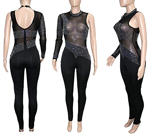 Lkous Women Shiny Rhinestone One Piece Outfit, Sexy See Through Mesh Jumpsuit,Single Long Sleeve Rompers #TOP5