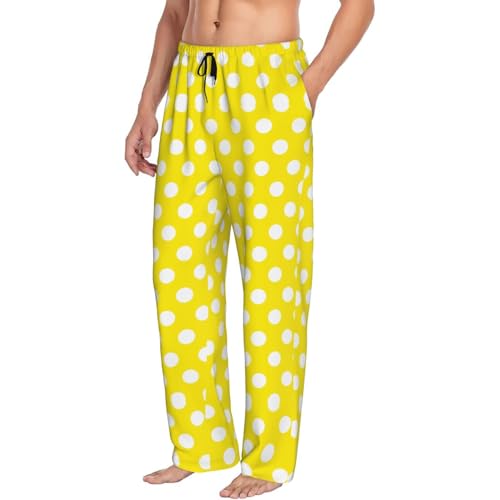 Mens Pajama Pants - Yellow Polka Dot Print (B) Soft Sleep Lounge Pants For Men, Casual Pj Bottoms With Pockets