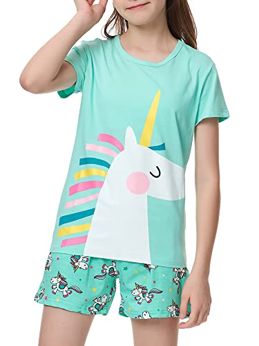 Cozchique Girls Unicorn Pajamas - 100% Cotton Short Sleeve Tee & Shorts Summer Jammies Set Sleepwear Size 14 #TOP1