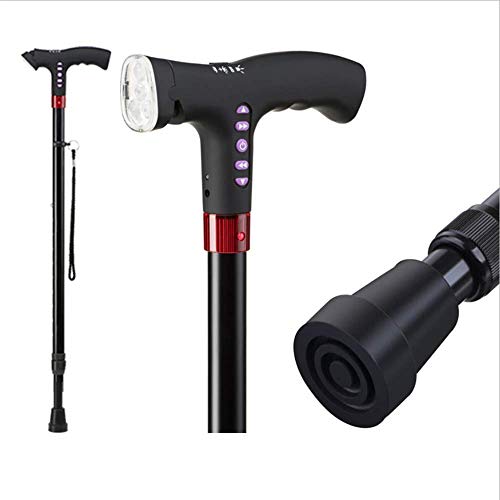 Faltbarer Stock, Krücken-Gehstock mit Beleuchtung, einstellbare Höhe mit MP3-Musik-Player Radio Automatische Alarmfunktion