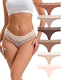 INNERSY String Damen Baumwolle Unterwäsche Tanga mit Spitze Weich Unterhosen Frauen 6er Pack (M, 4 Maillard Farben/2 Leopard)