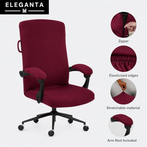 Image of ELEGANTA Stretchable Elastic Boss Office Chair Cover with Handle Covers, Polyester Spandex, Wine Colour (Pack of 2)