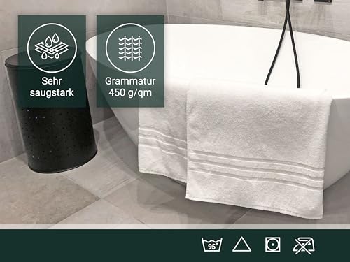 ZOLLNER 2er Set Badehandtücher in 100x150 cm - Flauschige Badetücher aus Baumwolle - mit moderner Streifenbordüre - waschbar bis 95°C - mit praktischem Aufhänger - in weiß - Hotelqualität