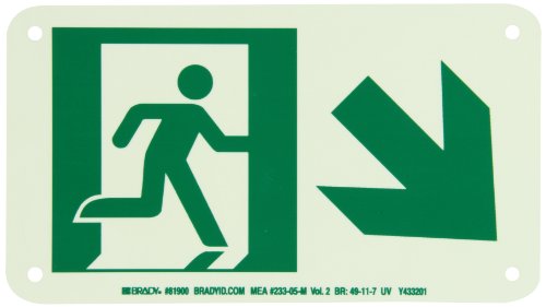 Brady 81900 BradyGlo High Intensity Aluminum Glow-In-The Dark Safety Guidance Aluminum Sign - Nyc Approved, 5" X 3", Legend "Running Man Picto Only (W/Right Down Arrow)"