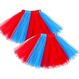 Cuffbow 2 Set Mexican Tutu Dress Layered Tulle Tutu Ballet Dress Rainbow Princess Dance Skirt for Women Little Girl(Red, Blue, Small)