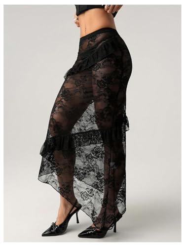 Verdusa Women's Gothic Floral Lace Sheer Maxi Skirt Drop Waist Asymmetrical Ruffle Bodycon Skirts4