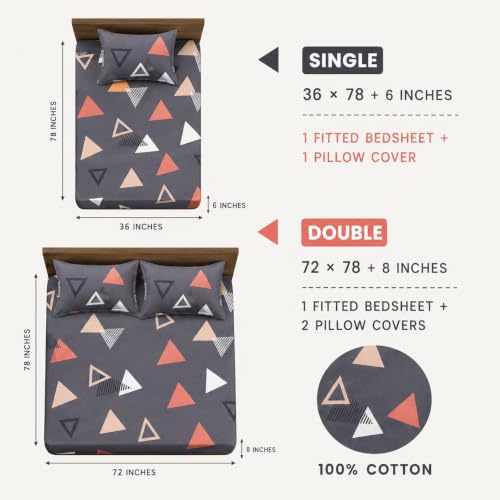 Image of la'amour 100% Cotton Elastic Fitted Bedsheets with 2 King Size Pillow Covers Double Bed with All Around Elastic Supersoft Size - 72 King Sizex78+10 inches Peach & White 200 tc - 220 tc