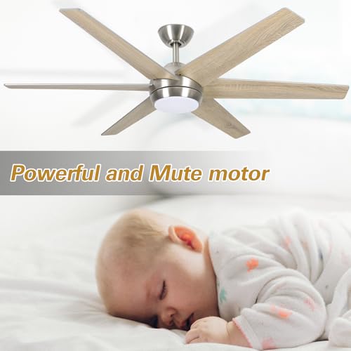Image of hykolity 54 inch Indoor Modern Ceiling Fan with Integrated LED Lights and Remote Control, 6 Blades, 6 Speed, Dimmable, 3CCT, Quiet Reversible Motor Ceiling Fan, Brushed Nickel