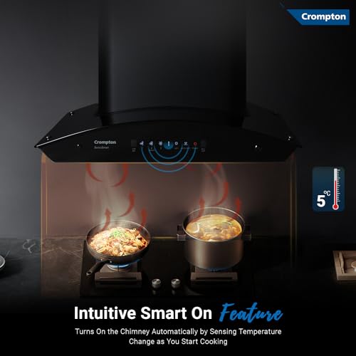 Image of Crompton SensoSmart 60 cm Curved Glass Kitchen Chimney with 1210 m /hr Suction, Smart On & Intelli Auto-Clean | Silent Kitchen Chimney with Filterless (Black)