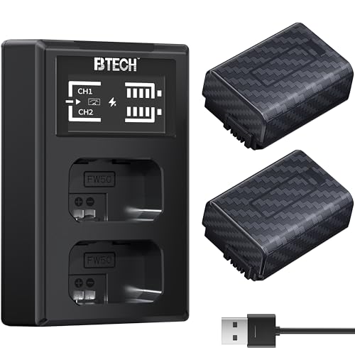 BTECH NP-FW50 Batteries 1030mAh 2-Pack with 18W USB-C Fast Charger Compatibility withSony ZV-E10 A6000 A6300 A6400 A6500 A7 Series A7 II A7R II A7S II A5000 A5100 RX10 Series