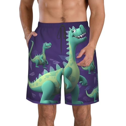Cartoon Dinosaur Men's Swim Trunks Quick Dry Board Shorts with Pockets Casual Drawstring Beach Shorts