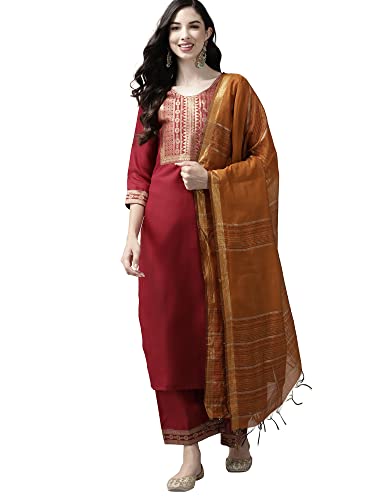 Image of INDO ERA Women's Cotton Blend Yoke Design Straight Kurta with Pant & Dupatta Set