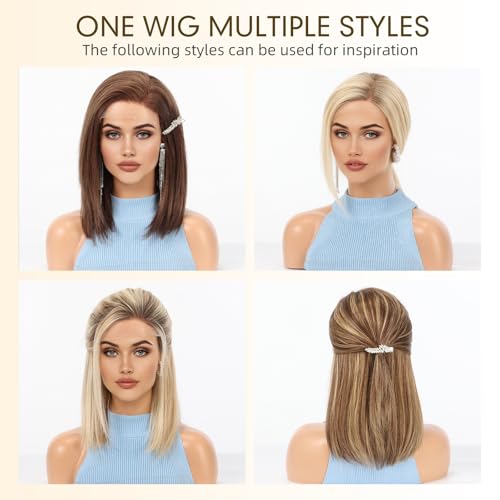 Image of KKU 100% Human Hair Lace Front Wig for Women- Pre-Plucked Natural Hairline, Side Part Ombre Blonde Wig, 14 Inch, Soft & Natural Hair for Daily Use