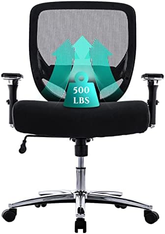 Big and Tall Office Chair 500lbs, Heavy Duty Ergonomic Mesh Chair, Computer Executive Desk Chair with Wide Thick Seat, 4D Armrests, Adjustable Lumbar Support and Tilt-Black