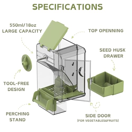 Automatic Bird Feeder, Bird Cage Feeder with Perch Multi-Functional Holder for Fruits Vegetables for Parakeet Canary Cockatiel Finch (Green) - Image 3