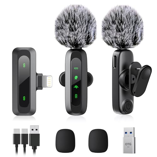 Wireless Lavalier Microphone for iPhone 14-5 Series, LED Display Mini Lav for iPhone with Noise Cancelling, Lapel Mic Wireless 2 pack for Content Creator Video Recording, Vlogging (Lightning Only)