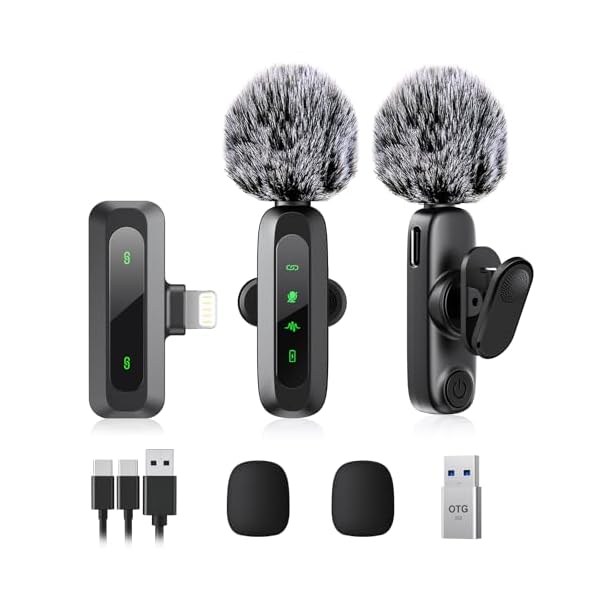 Wireless Lavalier Microphone for iPhone 14-5 Series, LED Display Mini Lav for iPhone with Noise Cancelling, Lapel Mic Wireless 2 pack for Content Creator Video Recording, Vlogging (Lightning Only)