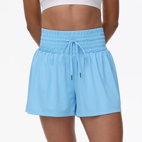 Flowy Athletic Shorts for Women Workout Running Gym Yoga Sport Short Pants Sweat Tennis Skirt Skort High Waisted with Pockets Biker Spandex Cute Comfy Lounge Trendy Clothes Casual Summer Light Blue Xs