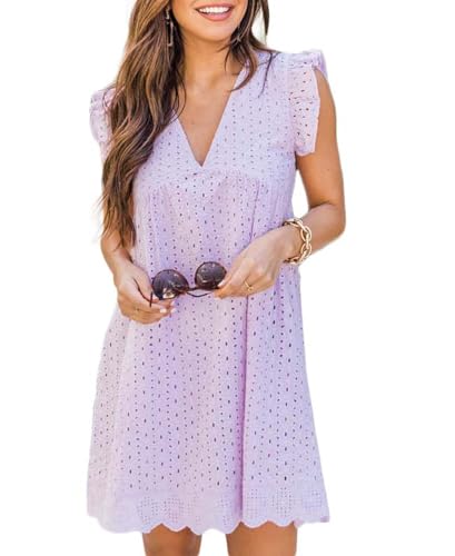 Image of Women's Summer Dress with Built in Shorts Sexy Summer V Neck Ruffle Sleeve Lace California Romper Dresses for Women