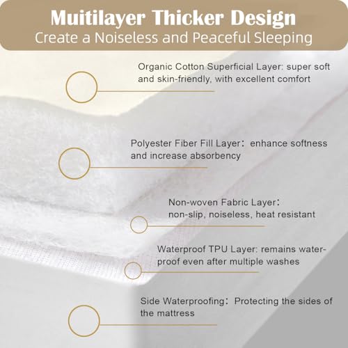 Image of Organic King Mattress Protector -Top&Side 100% Waterproof Protector | Organic Mattress Protectors for bed | 5-Sided Waterproof Protection | Noiseless & Breathable | King Size 80x76x17 in