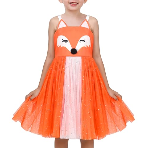 Girls Dress Fox Animal Cartoon Printed Sequin Tulle Halloween Party Size 5 Orange