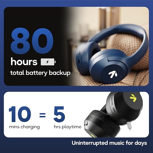 Image of GOBOULT Flex Over Ear Bluetooth Headphones with 80H Playtime, 40mm Bass Drivers, Zen ENC Mic, Type-C Fast Charging, 4 EQ Modes, Bluetooth 5.4, AUX Option, 60ms Low Latency, IPX5 (Pure Black)