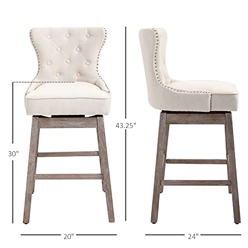 Homcom Upholstered Fabric Bar Height Bar Stools, 180° Swivel Nailhead-Trim Pub Chairs, 30" Seat Height With Rubber Wood Legs, Set Of 2, Cream #TOP2