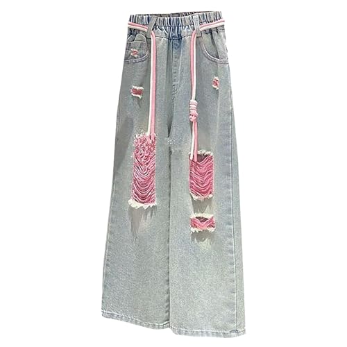 Teen Girls Straight Ripped Jeans Baggy Wide Leg High Waist Distressed Denim Pants Washed Summer Casual Trousers Pockets Jeans