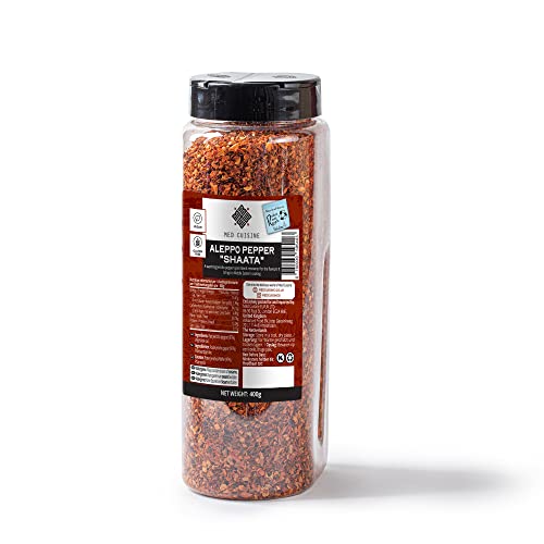 Med Cuisine "Aleppo" 400GR - Gewürzmischung - Rote Chiliflocken mit intensivem Geschmack - Roter Jericho-Pfeffer & Pflanzenöl - Gewürzpulver - Laktosefreie, vegan -Flocken Cover