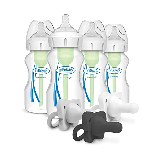 Image of Dr. Brown’s Natural Flow® Anti-Colic Options+™ Wide-Neck Baby Bottle, 9 oz/270 mL, Level 1 Nipple, 4-Pack, 0m+ with HappyPaci 100% Silicone Pacifier 0-6m, BPA Free, Black, Cool Gray, White 3 Pack