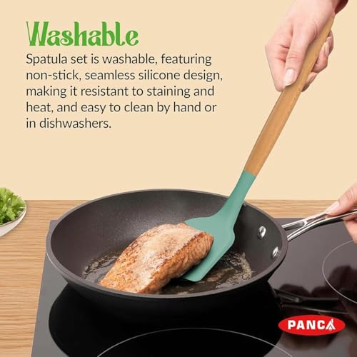 Image of PANCA Silicone Non Stick Spatula Set of 3,Non Stick Serving Spoon | Silicone Spatula Set for Cooking and Serving | Kitchen Tool (Green,Set of 3 Piece)