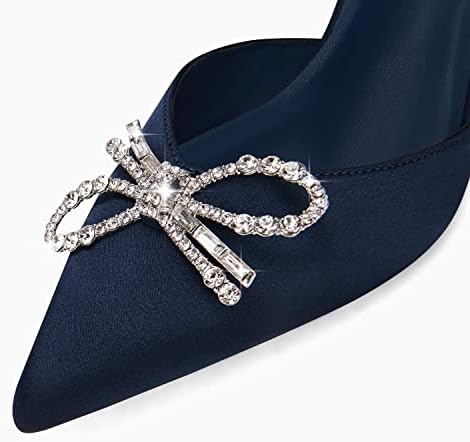 Coutgo Womens Rhinestone Bow Heels Pumps Kitten Heel Pointed Toe Slingback Wedding Dress Shoes Navy | Image 5