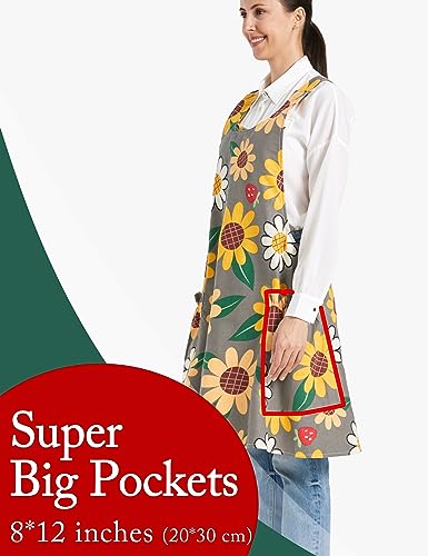 Image of Cozy Adjustable Cross Back Aprons for Women with Pockets Cotton Linen Cooking Kitchen Baking