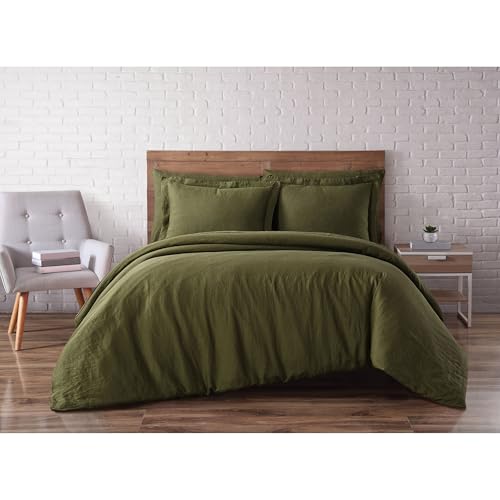 Brooklyn Loom Linen Duvets Olive Green Linen 3-Piece Full/Queen Duvet Set, Solid Color Themed, for Men and Women, Oeko-TEX Certified Confidence