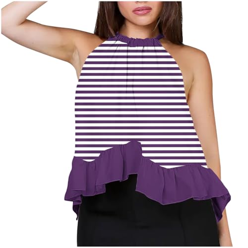 My Orders - Camisetas para mujer, sin mangas, dobladillo con volantes, talla grande, camisetas de verano, cuello halter, chaleco escalonado para mujer, tops a rayas, bloque de color, blusa casual