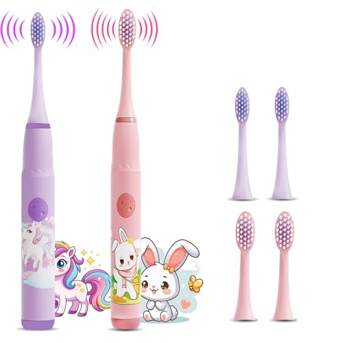 Image of Obvie Sonic Electric Kids Toothbrush with 4 Brushing Modes, Soft Nylon Bristles, 3 Brush Heads & Rechargeable Battery Last Up to 30 Days, IPX7, Electric Power Tooth brush (Purple, Pink)